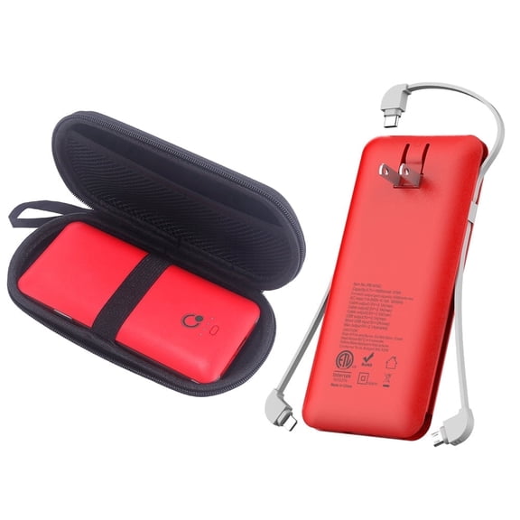 Q 10000mAh Portable Charger, Slim USB B C Power Bank,4 Output External Battery Pack with Built-in AC Wall Plug Micro and USB C Three Cables Compatible with All mobilephone
