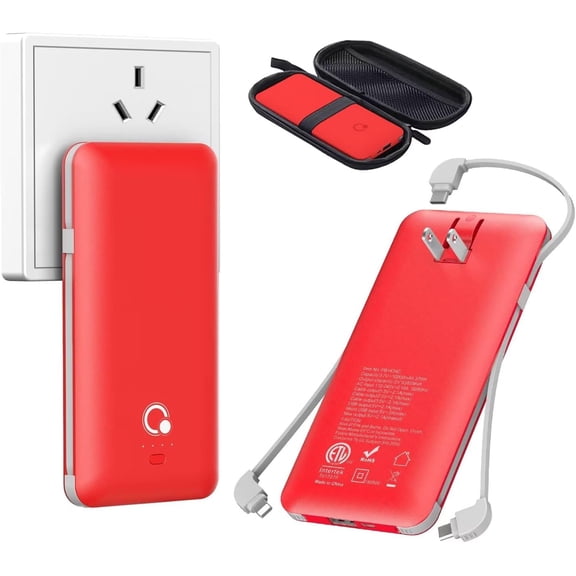 Q 10000mAh Portable Charger, Slim USB B C Power Bank,4 Output External Battery Pack with Built-in AC Wall Plug Micro and USB C Three Cables Compatible with All mobilephone