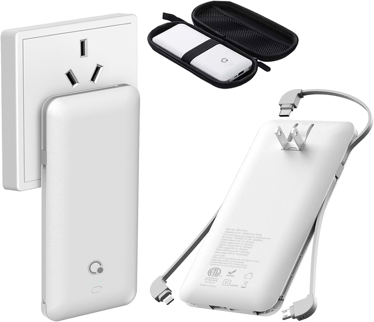 Q 10000mAh Portable Power Bank Charger with Built-in Cables AC wall plug,Slim USB Power Bank 10000mAh,External Battery Packfor iPhone & Android Cell Phone