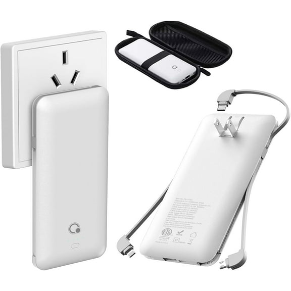 Q 10000mAh Portable Power Bank Charger with Built-in Cables AC wall plug,Slim USB Power Bank 10000mAh,External Battery Packfor iPhone & Android Cell Phone