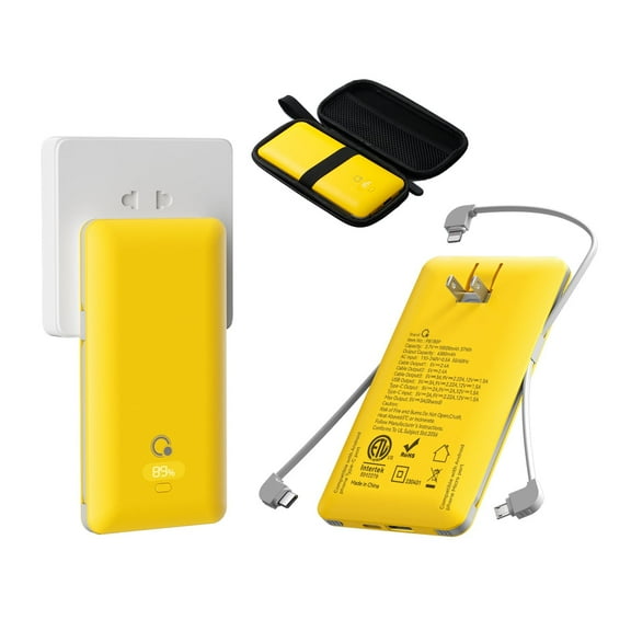 Q 10000mAh Portable Power Bank Charger with Built-in Cables AC outlet, PD 20W USB C Fast Charging with 3 Cords,5 Output slim usb chargerCompatible with iPhone, Tablet & All Smart Phones Yellow