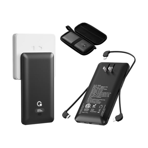 Q 10000mAh Portable Power Charger PD20W Fast Charging Portable Charger with Cables,USB Battery Pack with Built-in Cables AC Wall Plug Compatible for iPhone and Android Cell Phone