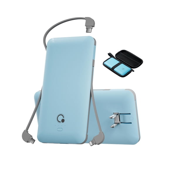 Q 10000mAh Power Bank, Slim Portable Charger,4 Output External Battery Pack with Built-in AC Wall Plug Micro USB C 3 Cables Compatible with iPhone Samsung Android Phone Tablet and More