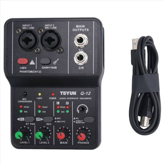 Q-12 Sound Card Audio Mixer Sound Board Console Desk System Interface 4 Channel 48V Power Stereo Computer Sound Card,1 x Q-12 Sound Card 1 x USB cable,black