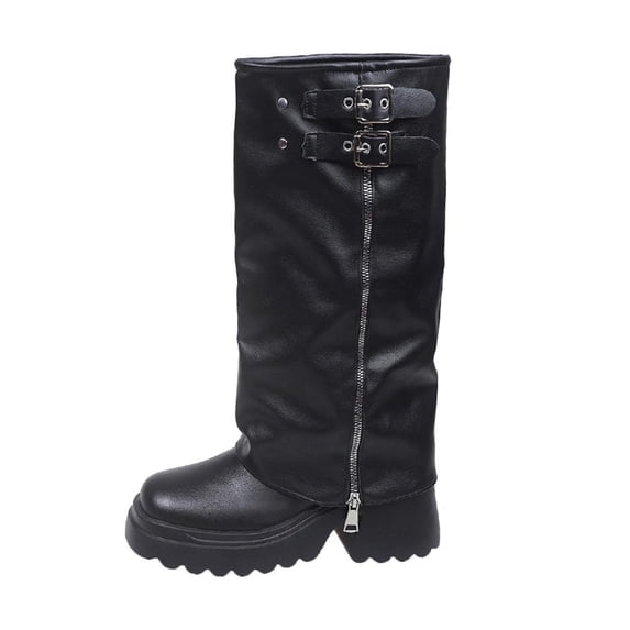 Q-175 Black Ladies Trouser Style Knee High Boots Square Toe Chunky Mid Heel Side Zipper Faux Leather Winter For Women