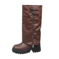 thumbnail image 1 of Q-175 Brown Womens Side Zipper Trouser Boots Square Toe Chunky Mid Heel Faux Leather Knee High Winter For Ladies, 1 of 9