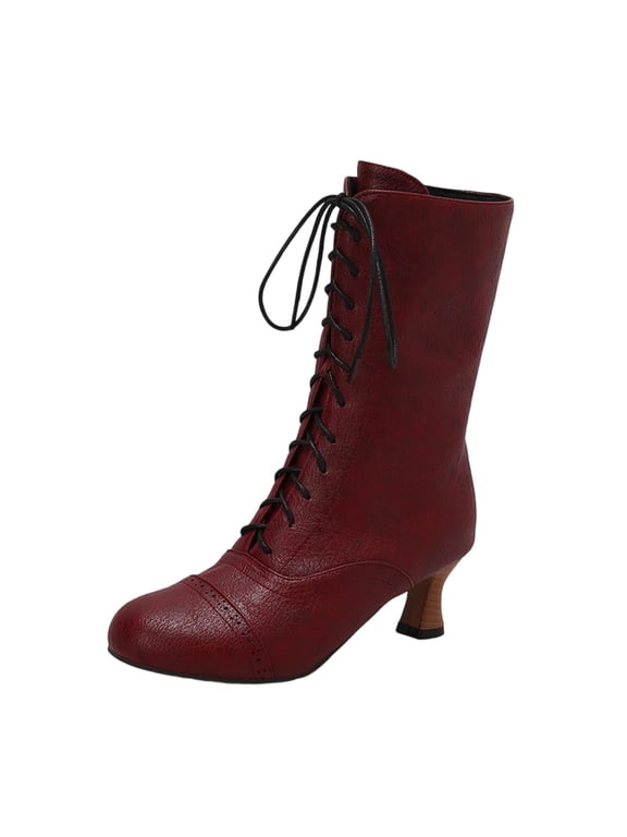 Q-327 Wine Ladies High Heel Winter Boots Lace Up Round Toe Back Zipper Ankle Casual Chunky Heel Womens
