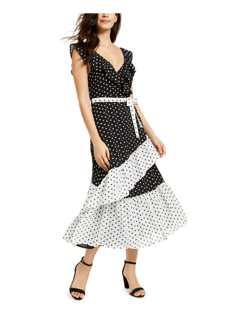 Q+A Los Angeles Womens Black Belted Polka Dot Cap Sleeve V Neck