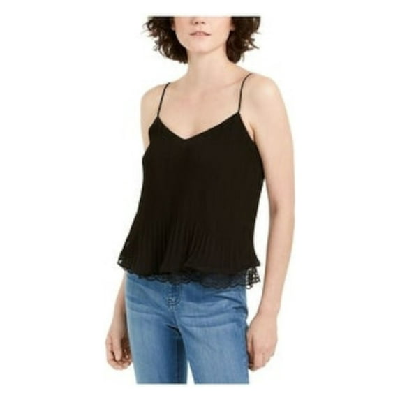 Q+A Los Angeles Womens Black Sheer Ruffled Spaghetti Strap V Neck Tank Top L