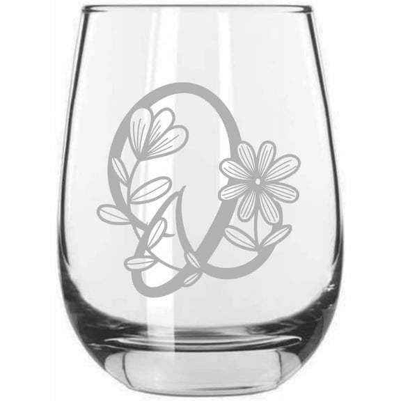 Q Daishy Daisy Monogram Etched 15.25oz Libbey Stemless Wine Glass