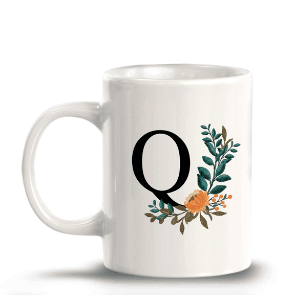 Q Floral Pattern 11oz Ceramic Coffee Mug | Initial Personalized Gift