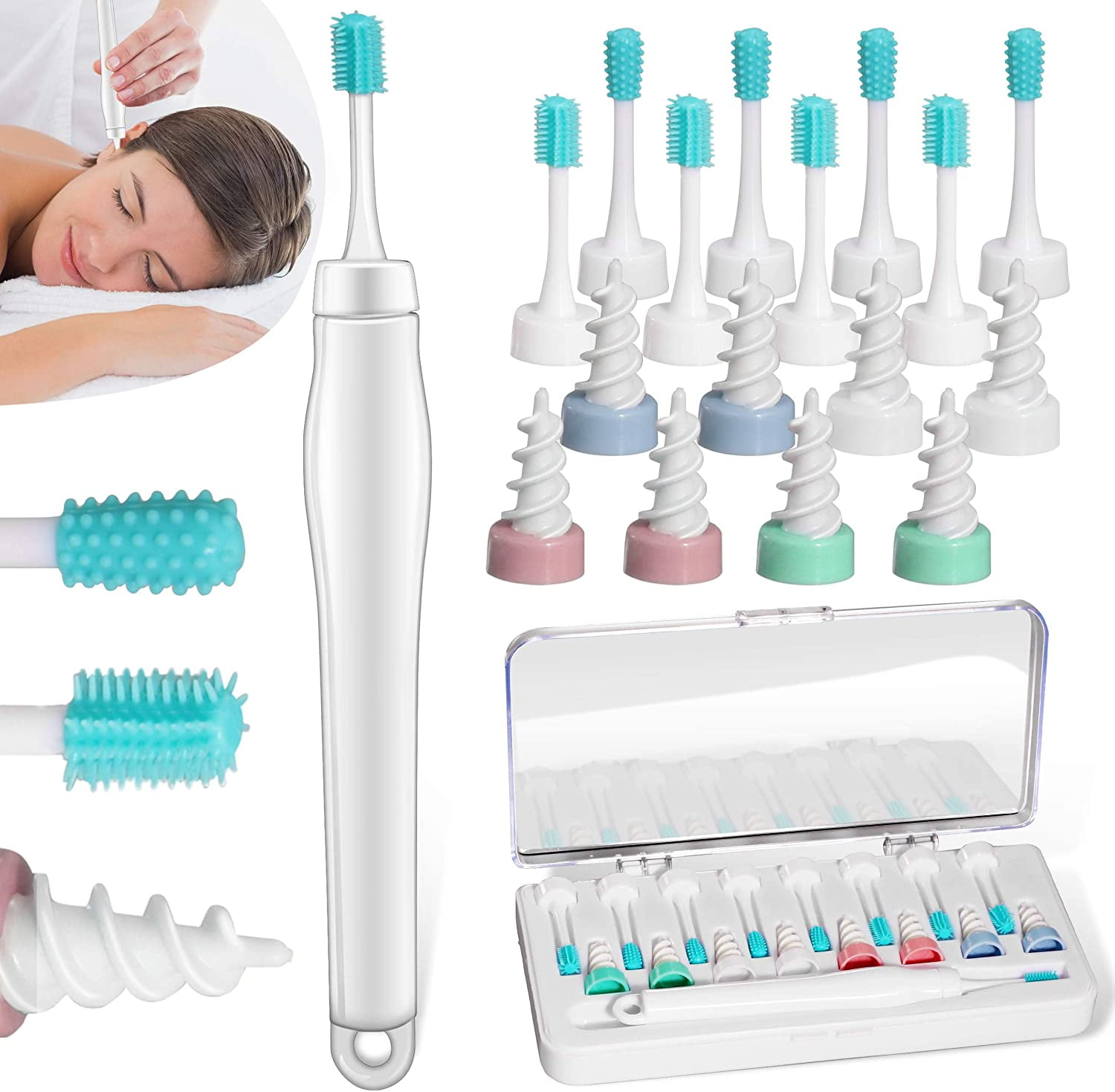 NAMATO Q-Grips Ear Wax Ear-Wax-Removal-Tool Silicone Ear Safe Soft Q Twist Spiral Smart Earwax Removal Kit Reusable Q Grip Ear Picker Clean Kit Ear Wax Catcher 16 Tips for Adults Kids Humans