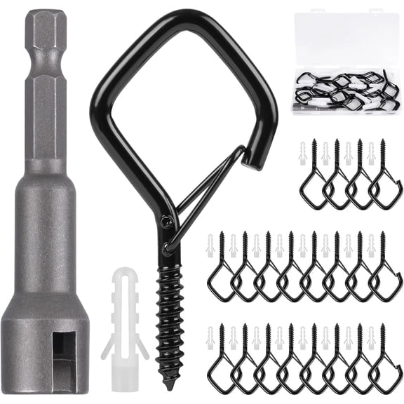 Q Hanger Hooks, 2.2 Inch Metal Screw Hooks with Safety Buckle, Heavy Duty, Weatherproof, Black, 20 Pcs