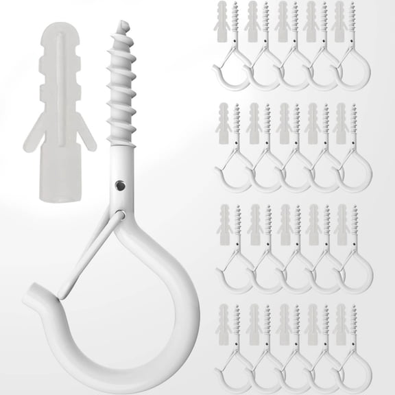Q Hanger Hooks with Safety Buckle, Rustproof Screw Hooks for Hanging String Lights, Bird Feeder, Plants, Wind Chimes & Holiday Decorations, White Vinyl Coated