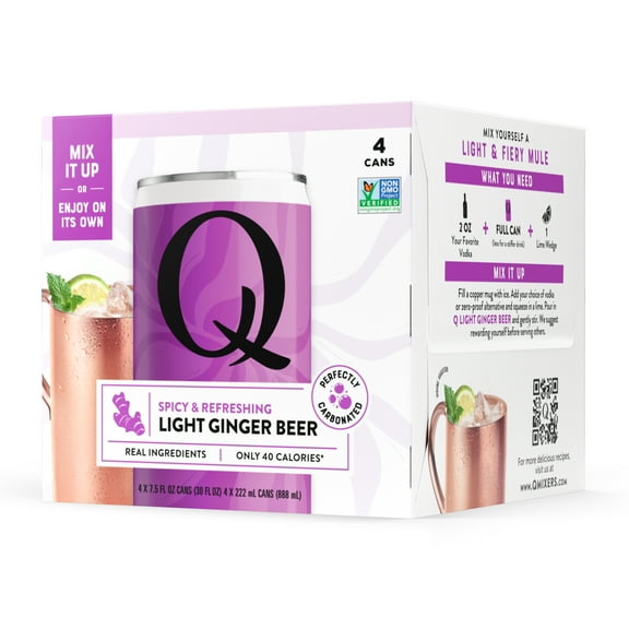Q Mixers Light Ginger Beer, Spicy & Refreshing, 4 pack, 7.5 fl oz Cans Single-Serve Mixer for Quick Mule Drinks and Mocktails