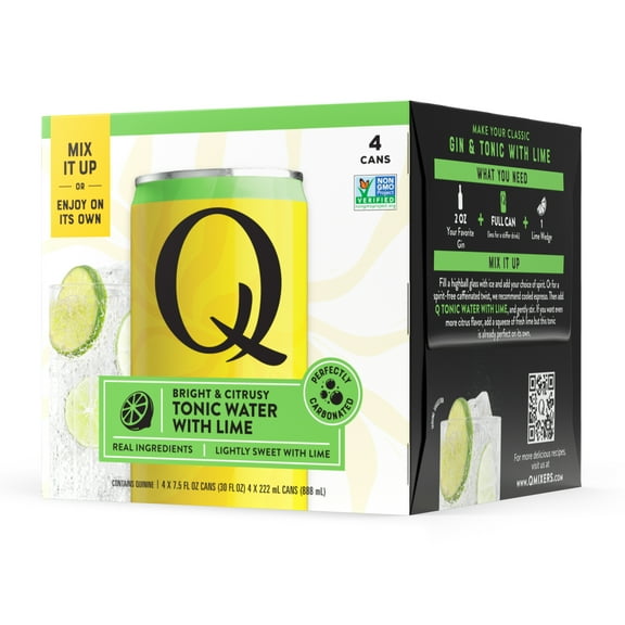 Q MIXERS TONIC WATER with LIME - Real Quinine & Organic Agave - Ideal for Cocktails & Mocktails - Made with Real Ingredients, Perfectly Carbonated & Less Sweet 7.5 Fl oz (Pack of 4)