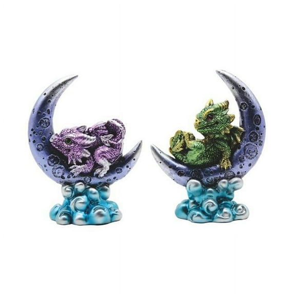 Q-Max 11GSC71941 4 in. Twin Dragon Brothers on Moons Statue Set, Green & Purple