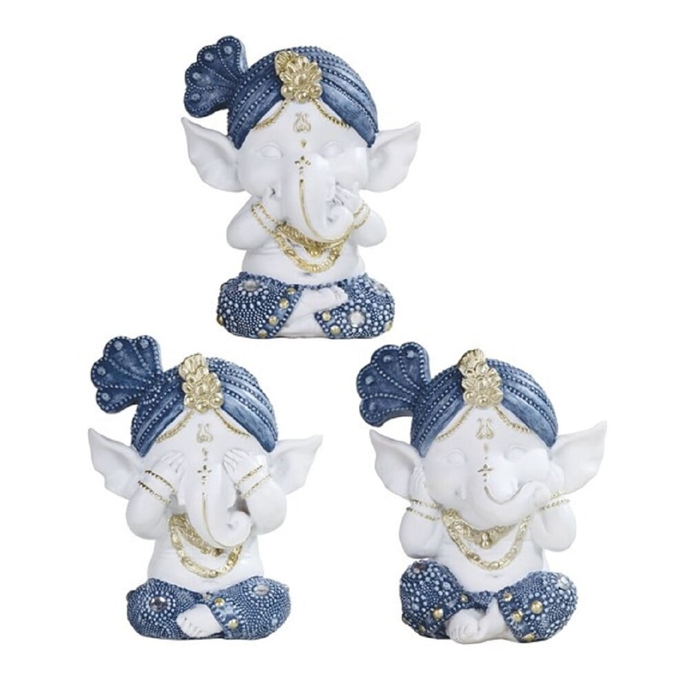 Q-Max 3-Piece Blue and White Ganesh Hear-No, See-No, Speak-No Evil 4.25"H Statue Decoration Figurine Set