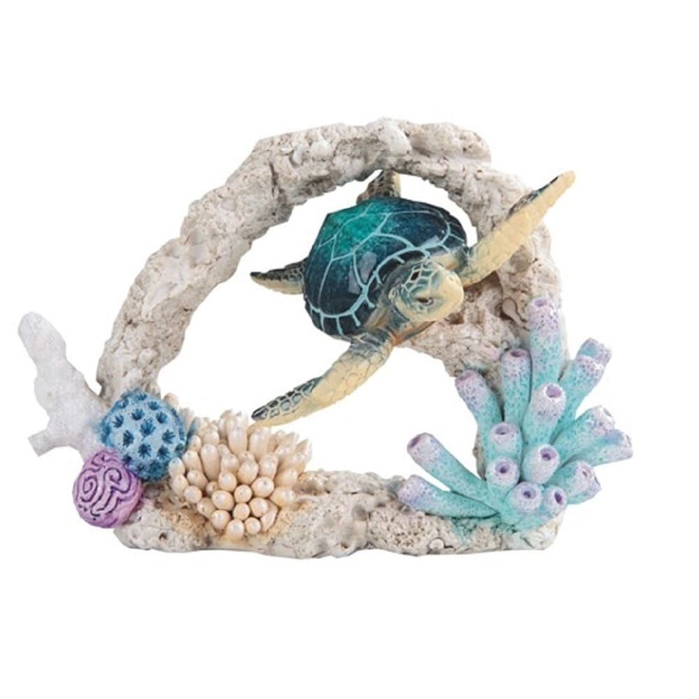 Q-Max 7"W Blue Sea Turtle Swimming Around Coral Statue Marine Life Decoration Figurine