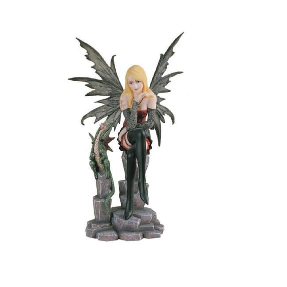 Q-Max GSC9991373 9 in. Fire Fairy with Baby Dragon Statue Fantasy Decoration Figurine, Green