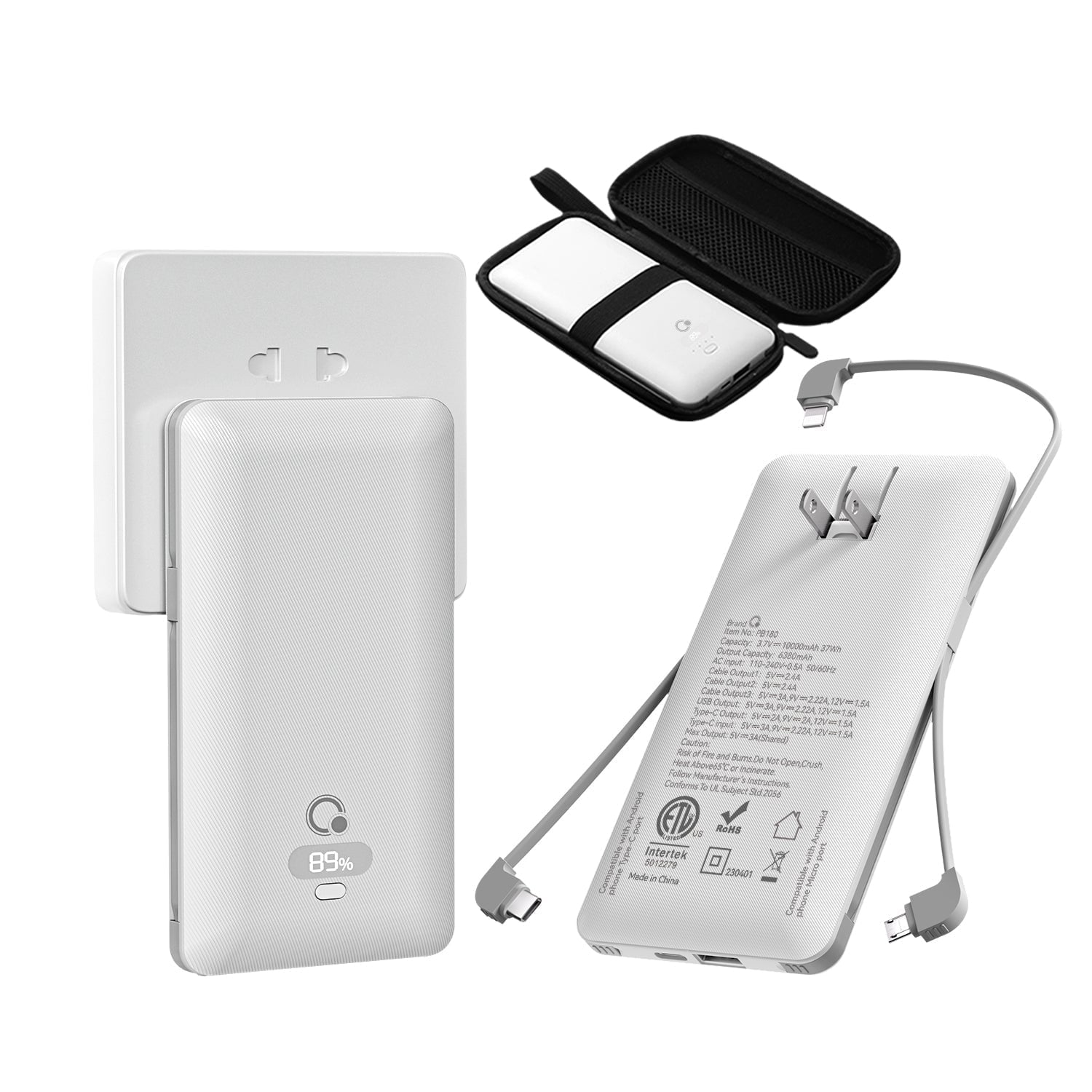 Q PD20W 10000mAh Portable Power Charger with Built-in Cables AC Wall Plug, USB C Fast Charging Power Bank with 3 Cords,5 Output External Battery Compatible with iPhone,Tablet & All Smart Phones