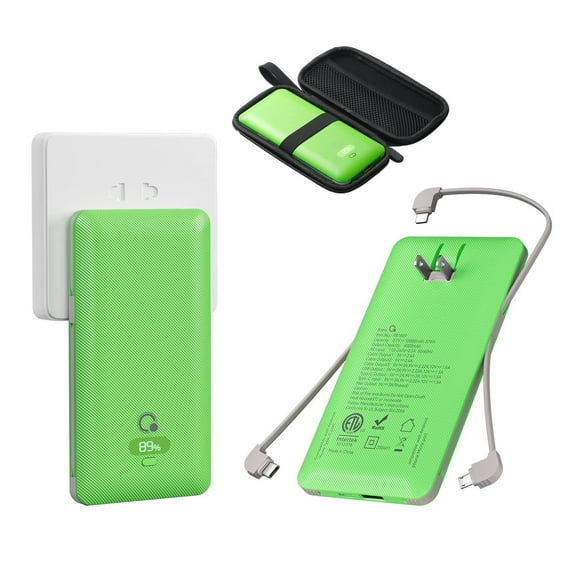 Q PD20W 10000mAh Portable Power Charger with Built-in Cables AC Wall Plug, USB C Fast Charging Power Bank with 3 Cords,5 Output External Battery Compatible with iPhone,Tablet & All Smart Phones