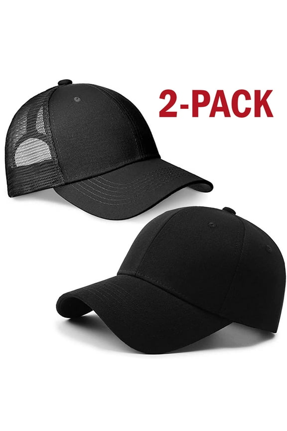 (M/L/XL) 2 Pack - Black Solid Plain Baseball Cap & Mesh Trucker Hat Blank Basic Hats for Men Women