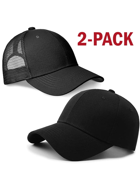 (M/L/XL) 2 Pack - Black Solid Plain Baseball Cap & Mesh Trucker Hat Blank Basic Hats for Men Women