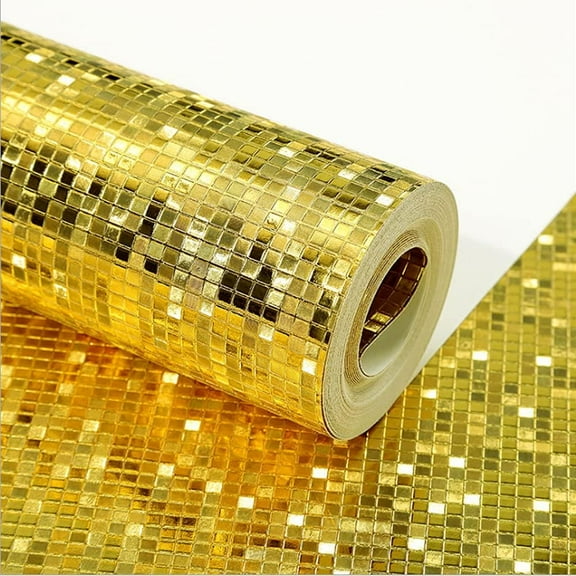 Q QIHANG 1.73' W x 32.8'L Small Gold Foil Lattice Mosaic Reflective Modern Style KTV Bar Wall Paper PVC Non-Pasted Wallpaper (Gold)