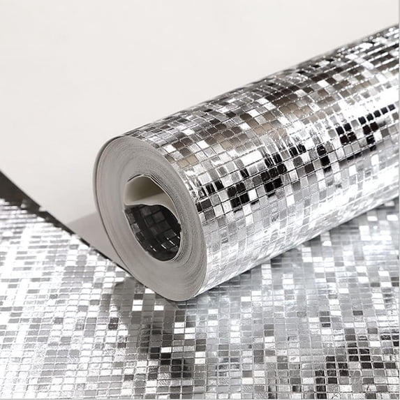 Q QIHANG 1.73' W x 32.8'L Small Gold Foil Lattice Mosaic Reflective Modern Style KTV Bar Wall Paper PVC Non-Pasted Wallpaper (Silver)
