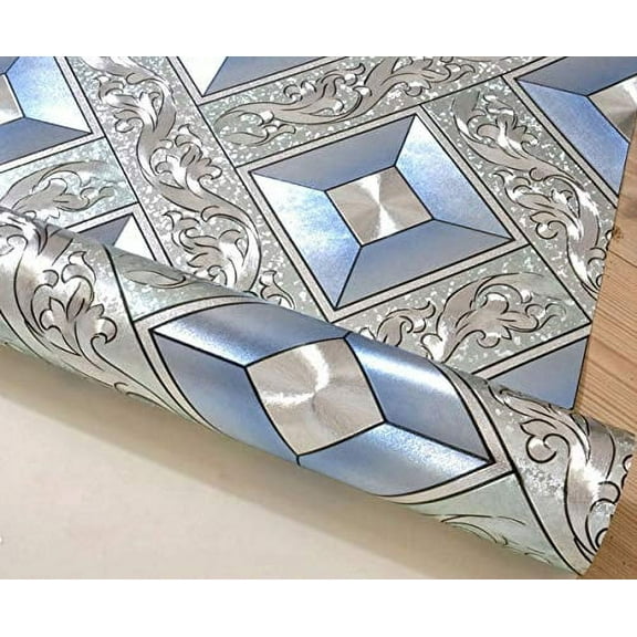Q QIHANG DAWEI Silver Foil Mosaic Rhombus Flicker KTV Room Home Decorative Wallpaper Silver Blue Color 1.73'W x 32.8L