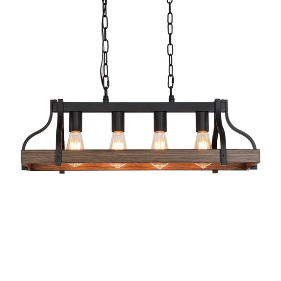 Q&S 4-Light Industrial Metal Pot Hanging Rack Chandelier Imitation Wood Grain Linear Pendant Ceiling Lighting Rustic Farmhouse Fixture Kitchen Island Dining Room,E26 Base,Black,UL Listed