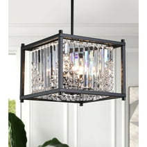 Q&S 4 Lights Modern Chandelier,Farmhouse Industrial Black Square Crystal Chandeliers Hanging Pendant Light Fixture for Dining Room Hallway Entryway Kitchen Island UL Listed