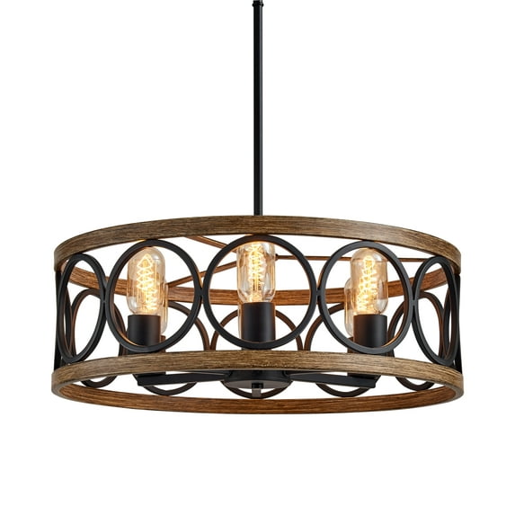 Q&S 6-Lights Modern Farmhouse Drum Model Chandelier Black and Retro Wood Finish Round Light Fixtures