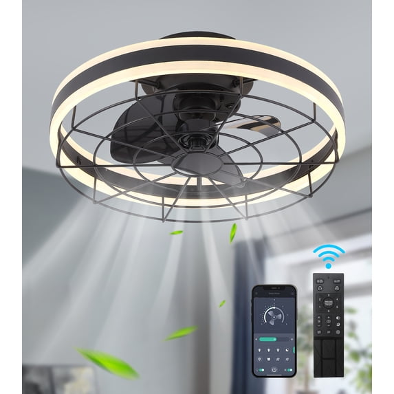 Q&S Black Round Ceiling Fan with Light Remote App Control Modern Farmhouse Flush Mount Linear Ceiling Fans for Bedroom Home Office Mute Smart 6 Wind Speeds Reversible Motor Dimmable LED 3 Color D19.7