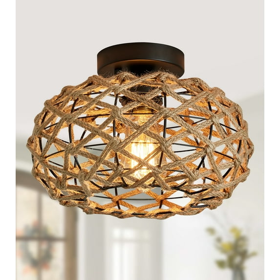 Q&S Coastal Rattan and Hemp Rope Weaving Pendant Light 1-Light Boho Semi Flush Mount Ceiling Fixture,Rustic Wicker Cage Design for Bedroom, Hallway, Entryway, Kitchen and Nursery