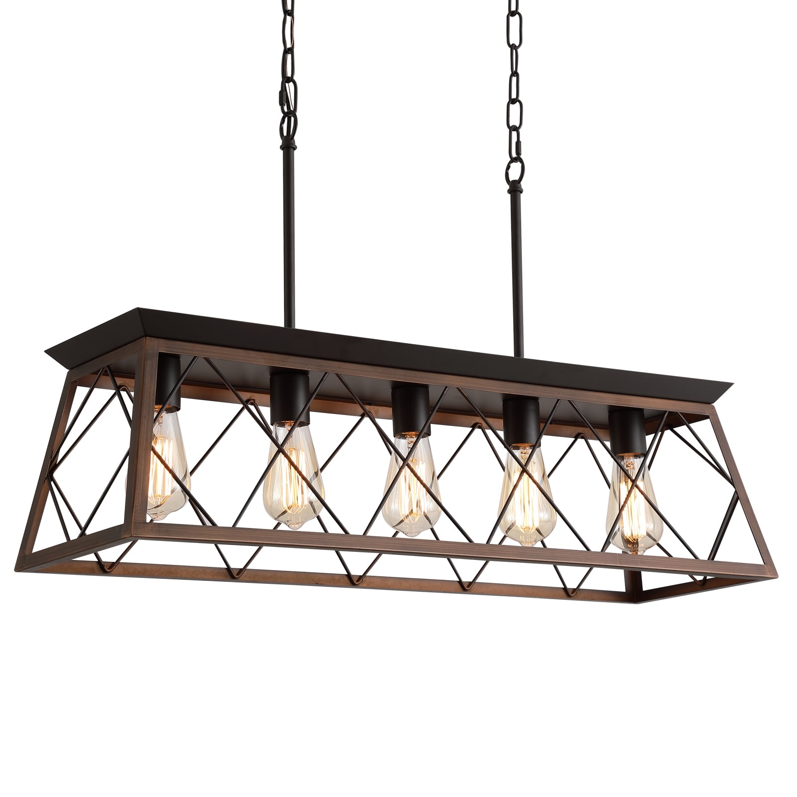 Antique Bronze 5-Light Linear Chandelier with Faux Wood Frame