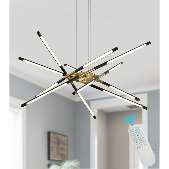 Q&S Modern Chandelier,Black and Gold Mid Century Industrial Sputnik LED New Art Lamp with Remote Control Dimmable Hanging Pendant Light Fixture for Living Room Dining Room Kitchen Bedroom