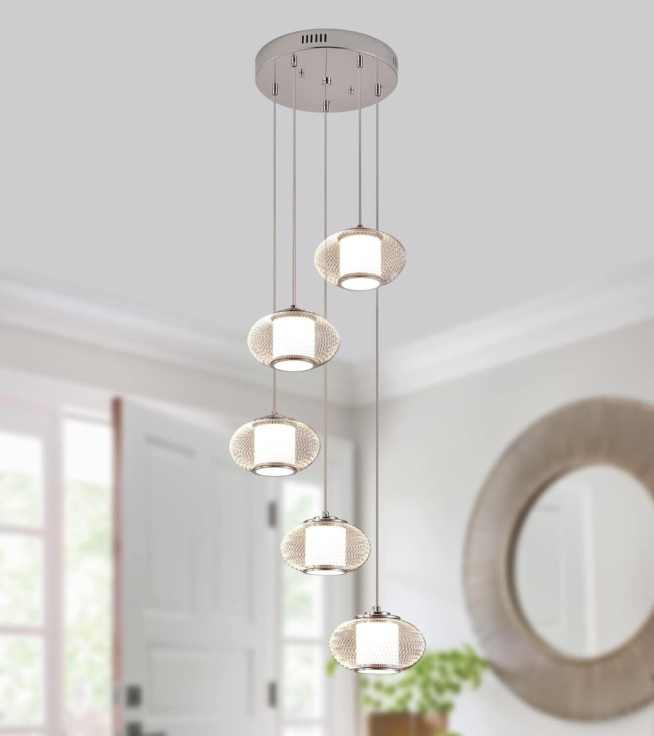 Farmhouse White Metal Cage 4-Light LED Chandelier