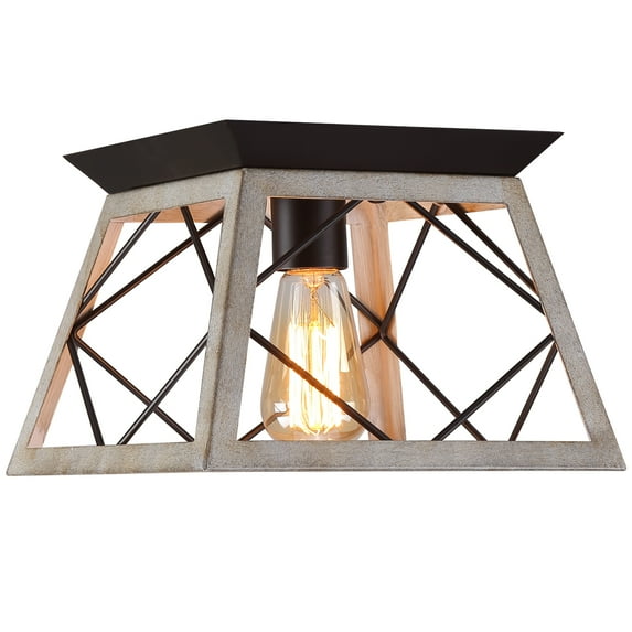 Q&S Rustic Farmhouse Ceiling Light Fixture Flush Mount Vintage Ceiling Lights for Hallway Entryway Kitchen Dining Room Bedroom,Wrought Iron Oak White and Orb 1 Light E26
