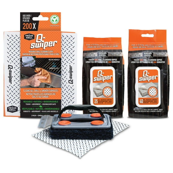 Q-Swiper BBQ Grill Cleaner Gift Bundle Set - 1 Q-Swiper Grill Brush, 65 Q-Swiper Grill Cleaning Wipes and 2 Q-Swiper Reusable Grill Cloths. Safe Way to Clean BBQ Grill Grates and Grill Exterior.