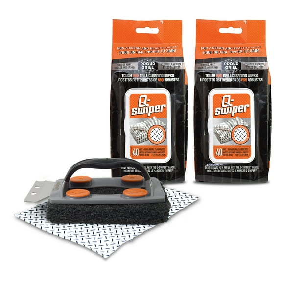 Q-Swiper BBQ Grill Cleaner Set - 1 Grill Brush with Scraper and 80 BBQ Grill Cleaning Wipes. Bristle Free and Wire Free. Safe way to remove grease and grime for a Clean and Healthy Grill.