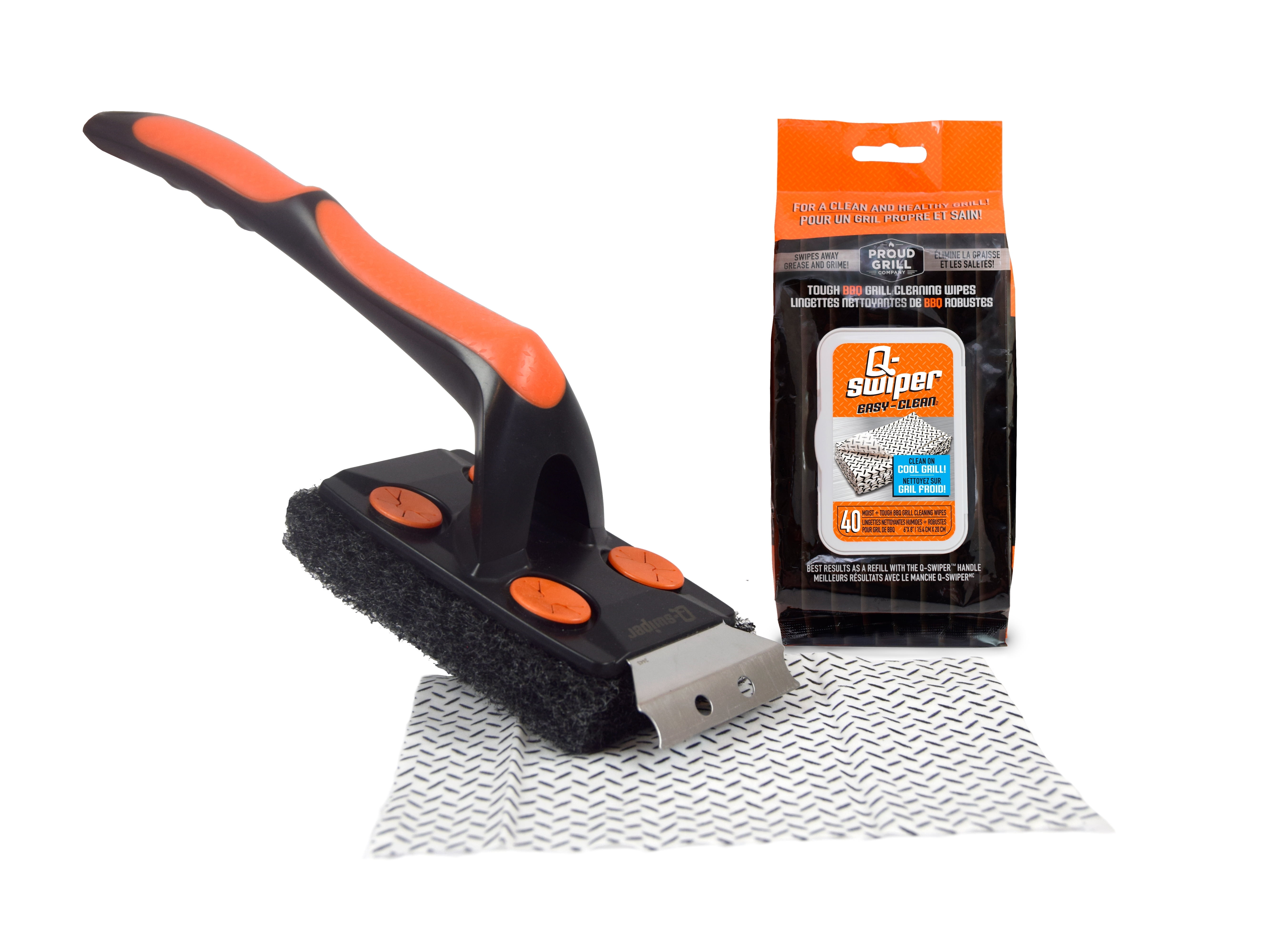 Q-Swiper XL Easy-Clean BBQ Grill Cleaner Set - 1 Long Grill Brush with Scraper and 40 BBQ Grill Cleaning Wipes | Bristle & Wire Free | Safe Way to Remove Grease & Grime for A Clean and Healthy Grill!