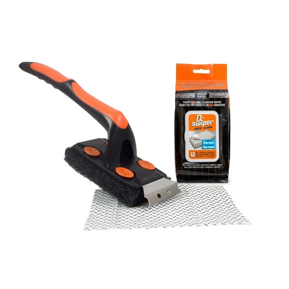 Q-Swiper XL Easy-Clean BBQ Grill Cleaner Set - 1 Long Grill Brush with Scraper and 40 BBQ Grill Cleaning Wipes | Bristle & Wire Free | Safe Way to Remove Grease & Grime for A Clean and Healthy Grill!