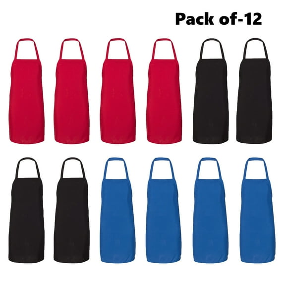 Q-Tees - Bib Apron For Men And Women | 100% Brushed Polyester 6.4 Oz /yd², Unisex Bib Apron Mixed Kitchen Color - (Black, Royal, Red) | Pack of – 12, Size- One Size (28"W x 33"L)