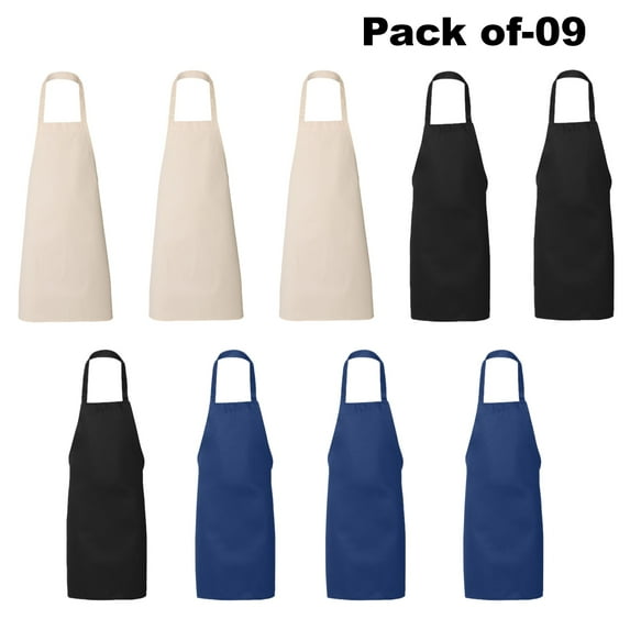 Q-Tees Butcher Apron - Adjustable, BBQ, and Chef Aprons for Ultimate Protection | 55/45 Cotton/polyester | Mix - Black, Natural, Royal | Pack of 9