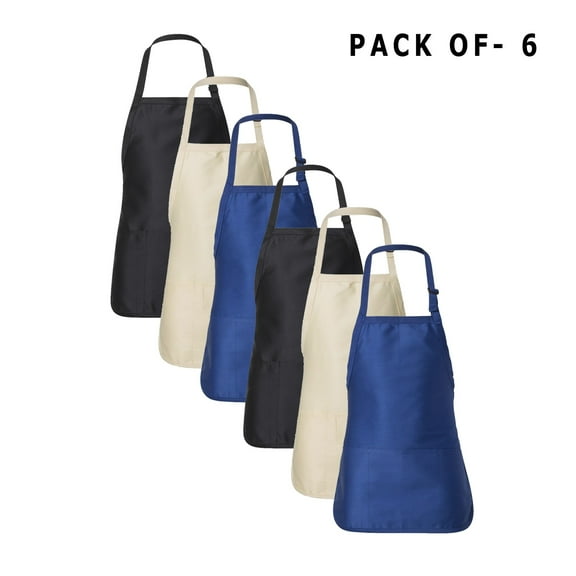 Q-Tees Full-Length Apron with Pouch Pocket - Premium Kitchen, Chef, and Cooking Aprons for Women | 55/45 Cotton/polyester | Bulk Mix Color | Pack of 6