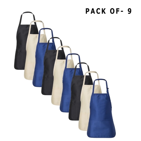 Q-Tees Full-Length Apron with Pouch Pocket - Premium Kitchen, Chef, and Cooking Aprons for Women | 55/45 Cotton/polyester | Bulk Mix Color | Pack of 9