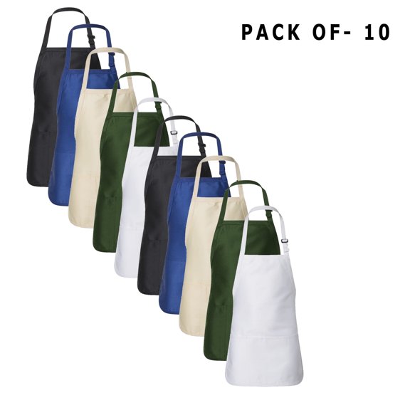Q-Tees Full-Length Apron with Pouch Pocket - Versatile Aprons with Pockets, Bib Aprons, Cooking Aprons, Chef Aprons | 55/45 Cotton/polyester | Bulk Mix Color | Pack of 10