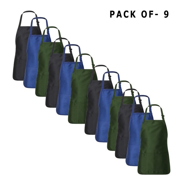 Q-Tees Full-Length Apron with Pouch Pocket - Premium Kitchen, Chef, and Cooking Aprons | 55/45 Cotton/polyester | Bulk Mix Color | Pack of 9